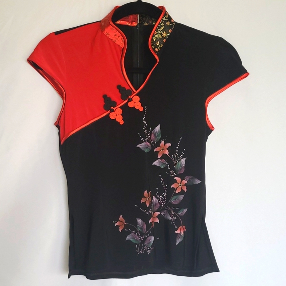 Silver Dragon red and black silky top. Size S - #1-0144